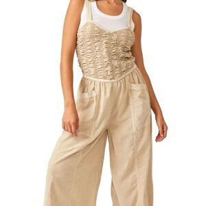 Free People Forever Always Cotton Wide Leg Jumpsuit in Beached Sand